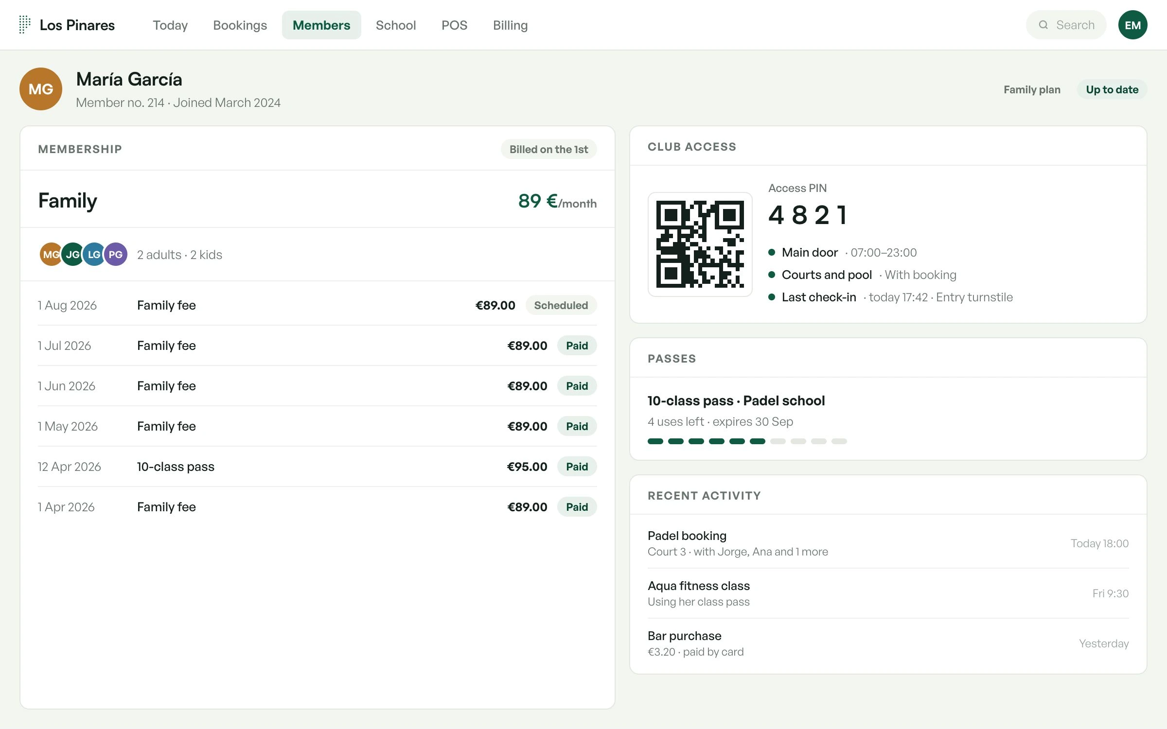 A member's profile in Sendero: her family membership and receipts, club access with QR and PIN, passes and recent activity