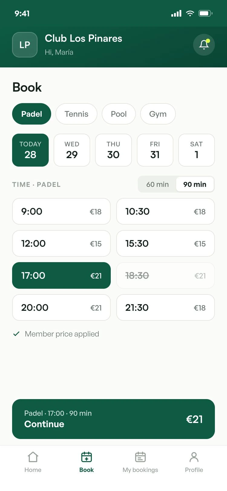 The member app booking a padel court