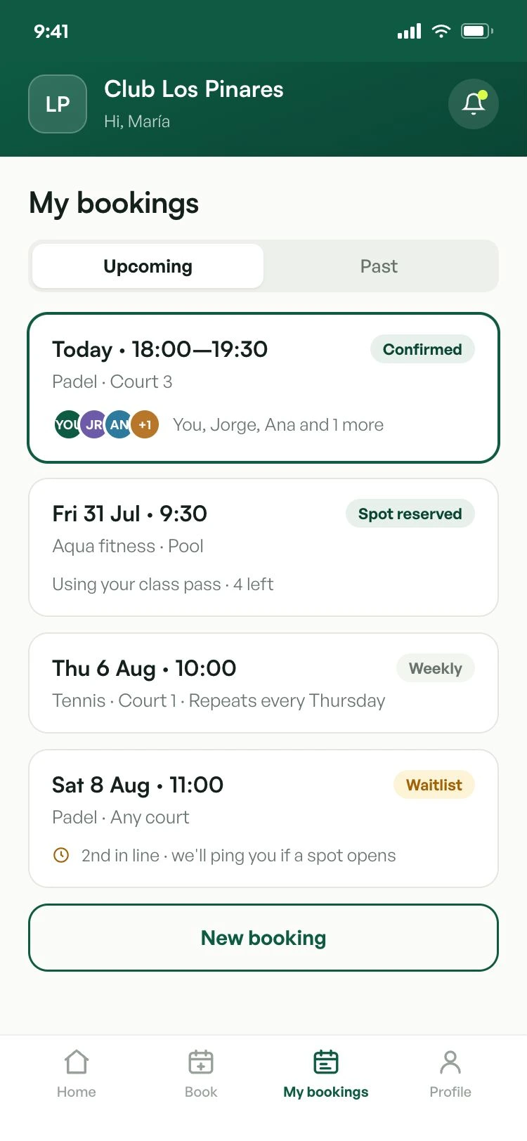 A member's upcoming bookings: a confirmed match, an aqua fitness class, a weekly tennis slot and a waitlisted booking